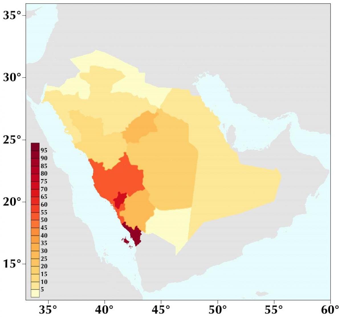 Arabia Saudita densidad de población mapa