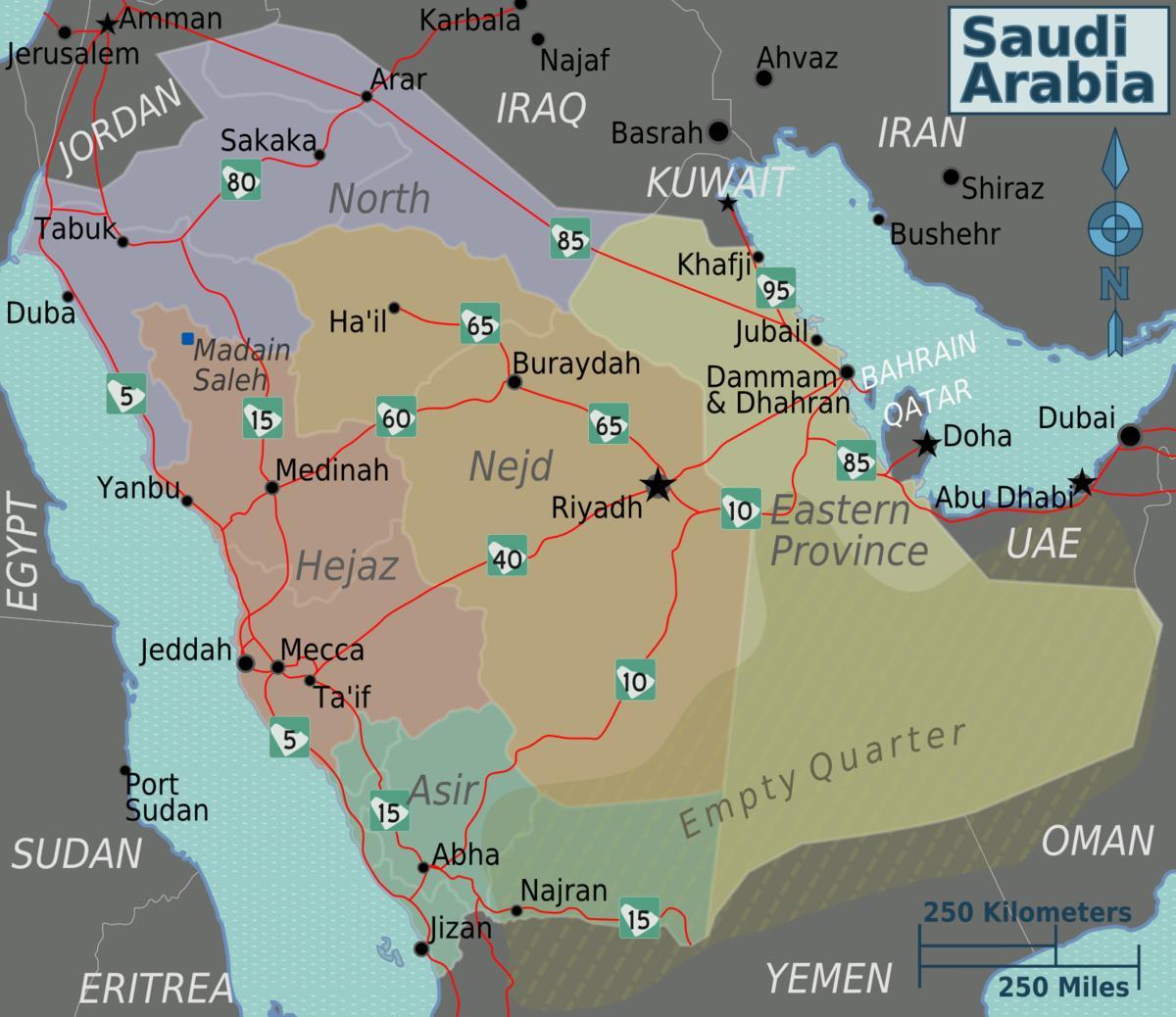 Mapa de Arabia Saudita, con las ciudades de distancia