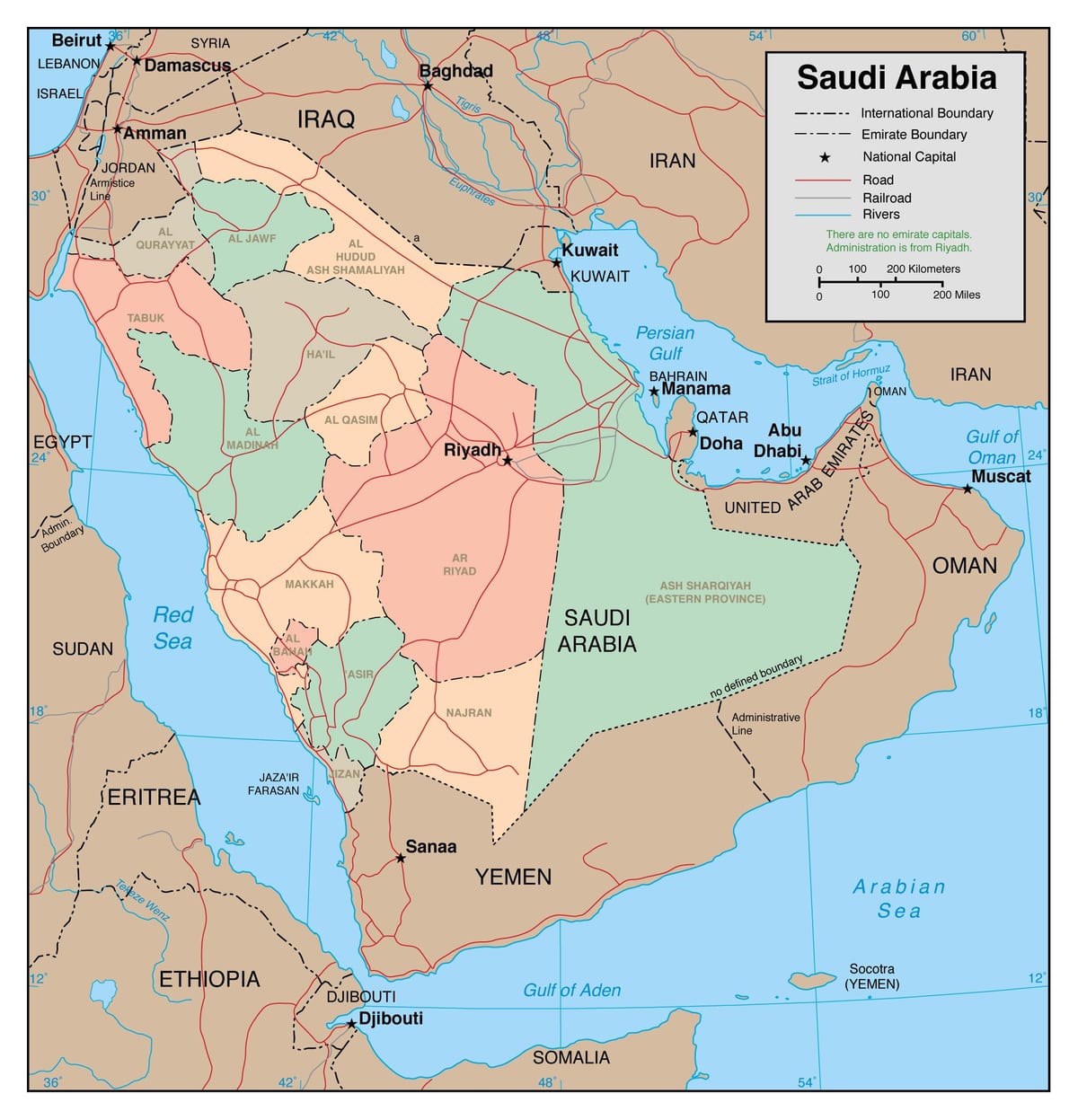 Mapa de contorno de Arabia Saudita y los países vecinos