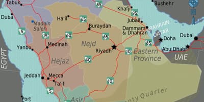 Mapa de Arabia Saudita, con las ciudades de distancia